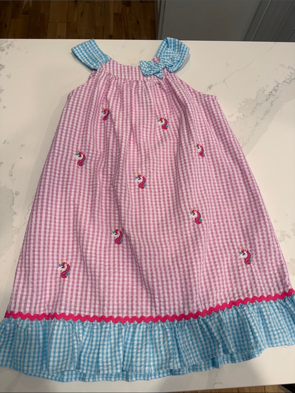 Emily Rose Pink Gingham Seersucker Dress with Blue Trim